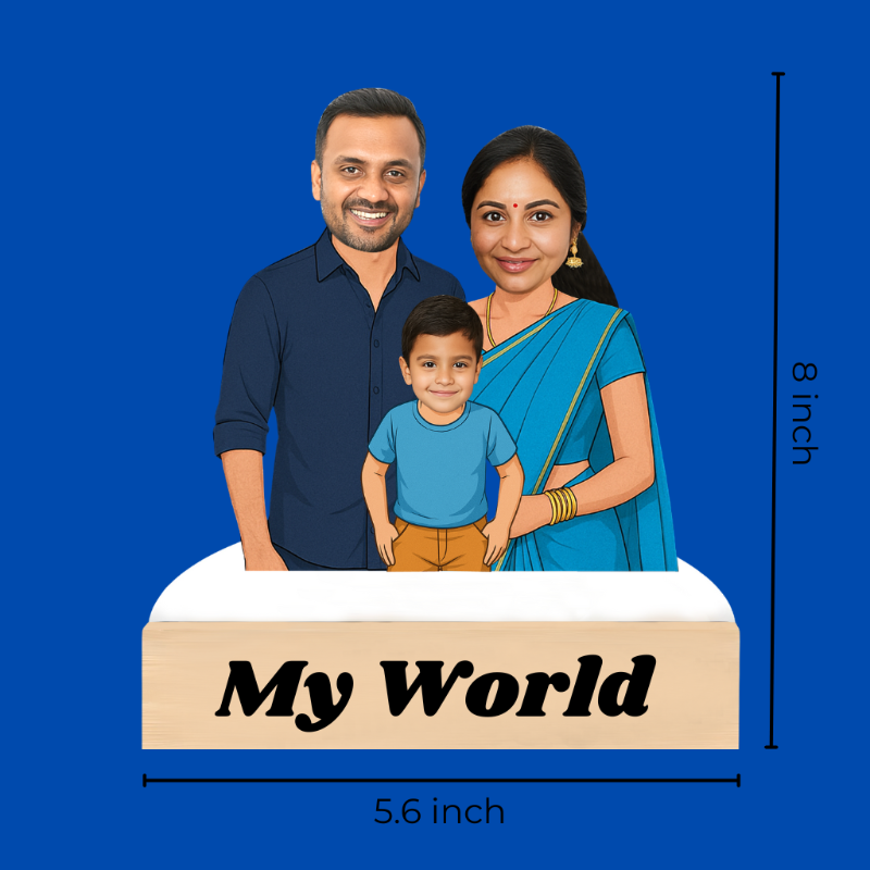 Illustration of a family with a child on a blue background, featuring the text 'My World' and dimensions.