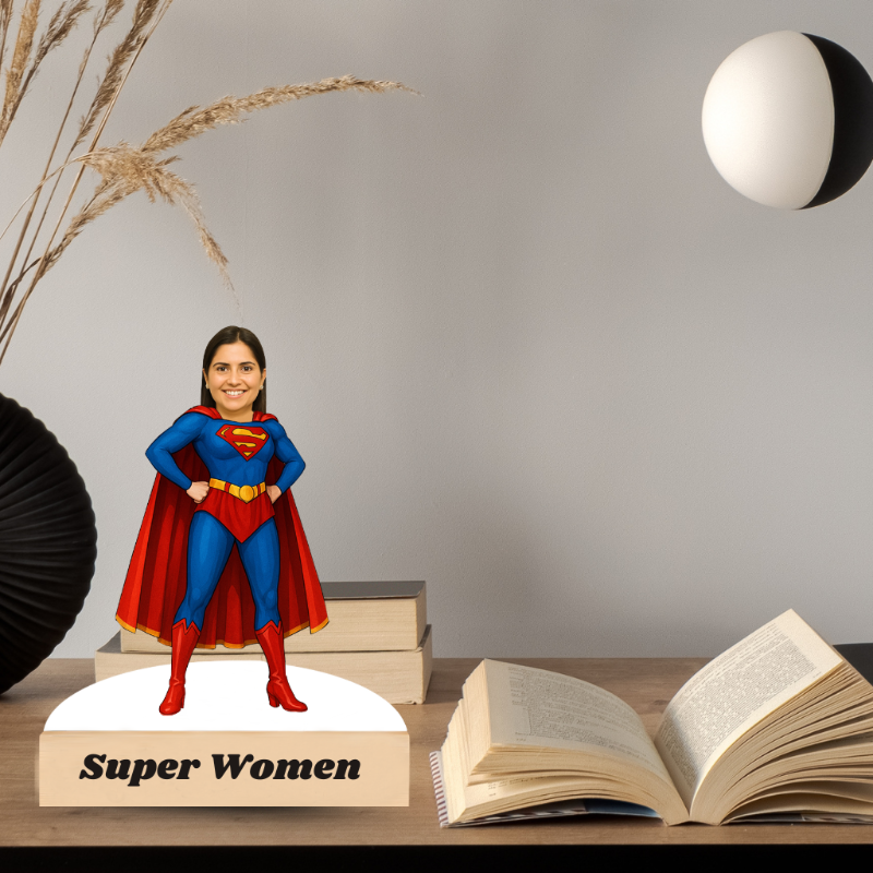 Superman figurine on books with 'Super Women' text, open book in foreground
