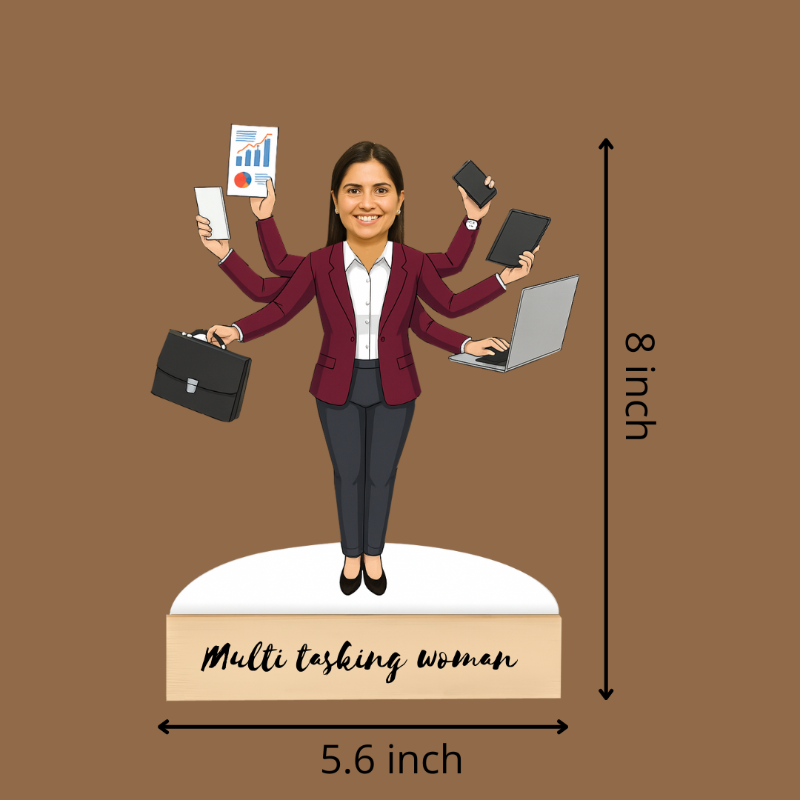 caricature of a multi-armed woman holding office supplies with dimensions on a brown background