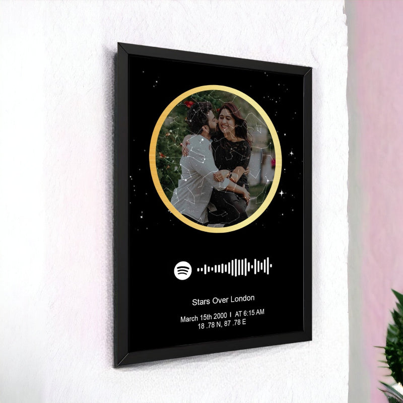 Framed print with a couple's photo and text on a white wall.