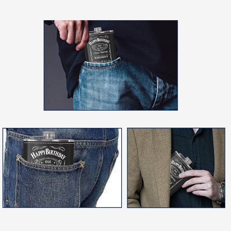 Small silver flask with 'Happy Birthday' text held in a pocket and on a lapel.