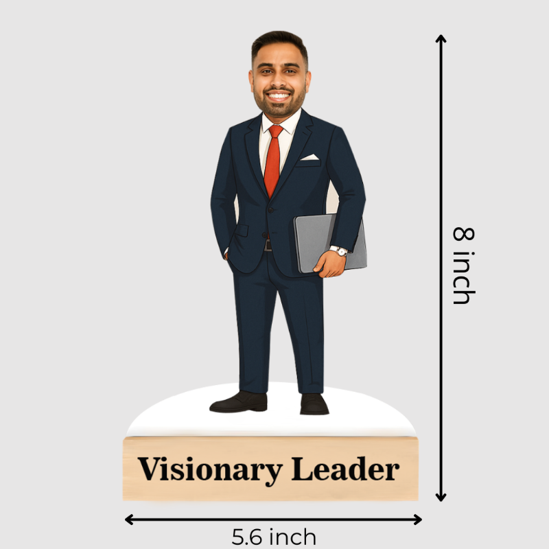 Figurine of a man in a suit labeled 'Visionary Leader' with dimensions indicated.