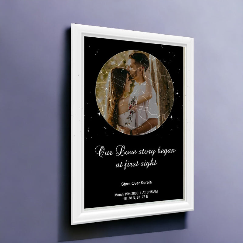 Framed artwork with a couple's photo and text on a purple wall