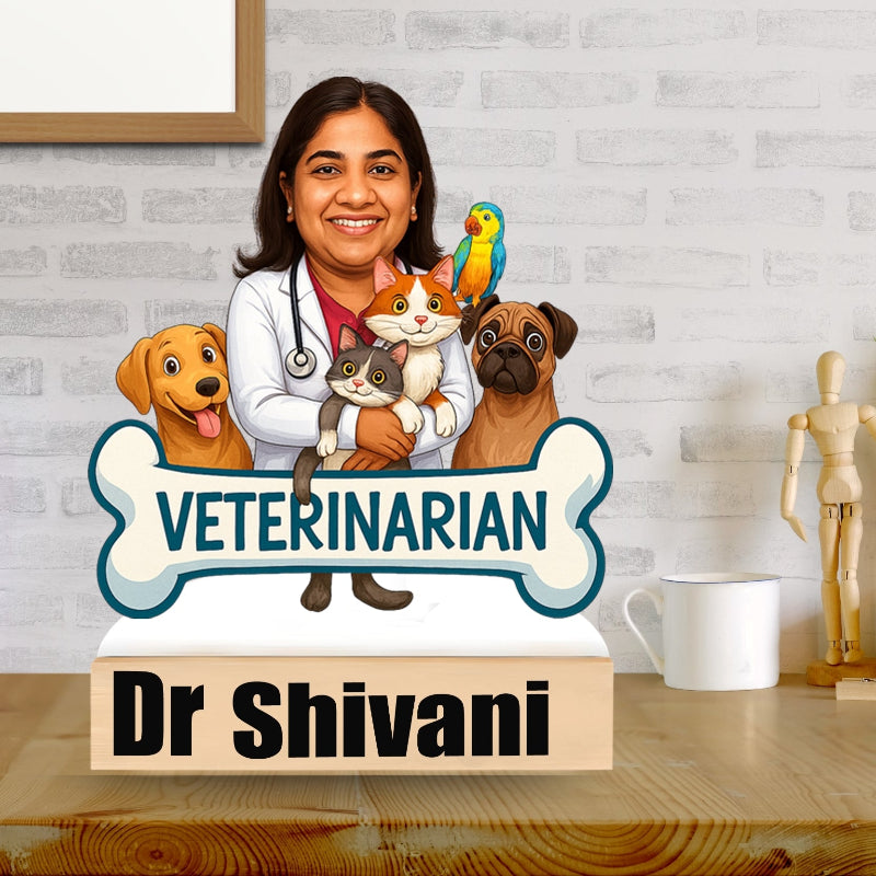 Vet with cartoon animals and 'Veterinarian Dr Shivani' sign on a wooden surface.
