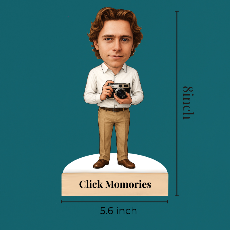 Bobblehead figure with a camera, labeled 'Click Memories', on a teal background