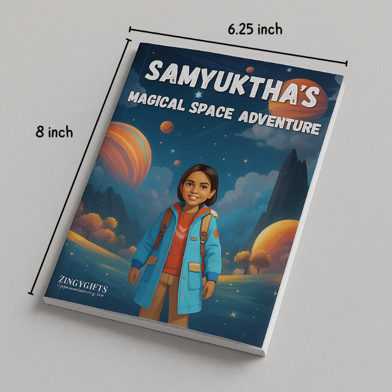Book titled 'Samyuktha's Magical Space Adventure' with a child illustration on a gray background