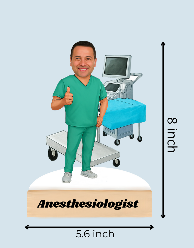 Bobblehead figure of an anesthesiologist with dimensions on a light blue background