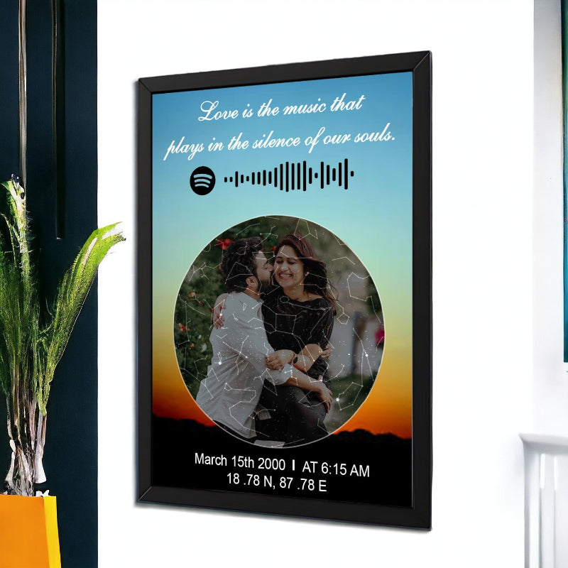 Framed artwork with a couple's photo, Spotify logo, and personalized text on a gradient background.