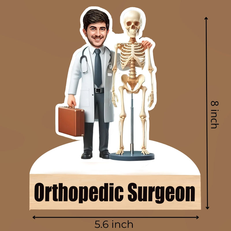 Caricature of an orthopedic surgeon next to a skeleton on a brown background with dimensions indicated.
