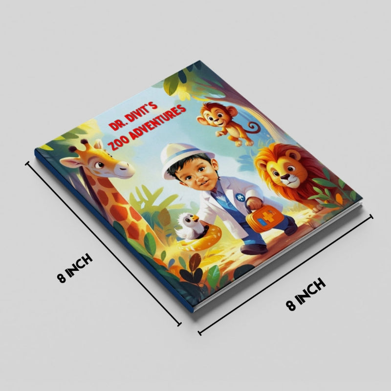 Children's book titled 'Dr. Divit's Zoo Adventures' with cartoon characters on a white background