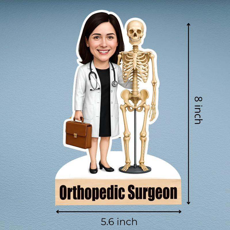 Cardboard cutout of an orthopedic surgeon with a skeleton, dimensions indicated.