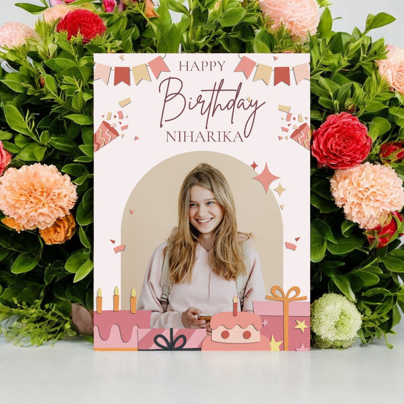 Birthday card with a photo of a woman, surrounded by flowers