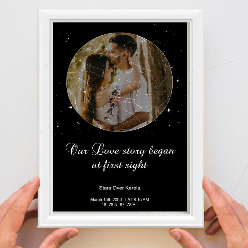 Framed photo of a couple with 'Our Love story began at first sight' text on a black background