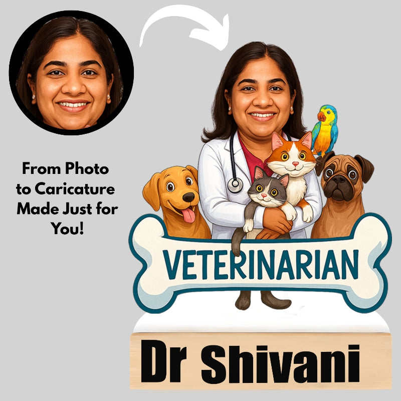 Caricature of a veterinarian with animals and text about photo to caricature service.