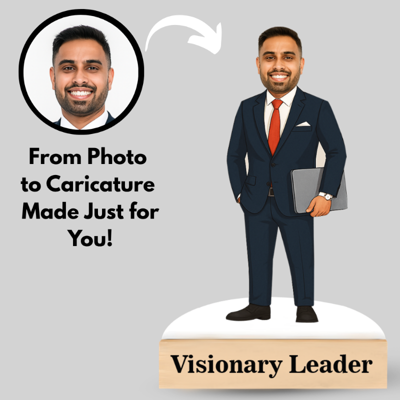 Caricature of a man in a suit with text 'From Photo to Caricature Made Just for You!' and 'Visionary Leader'.