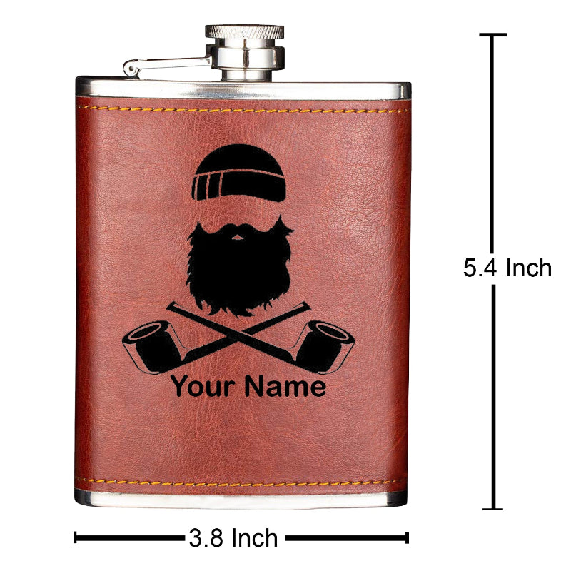 Brown leather flask with a beard and pipes design, dimensions indicated.