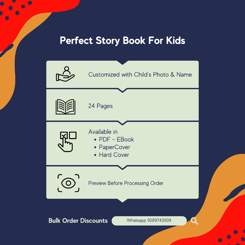 Advertisement for a customizable story book for kids with colorful abstract designs on a dark blue background.