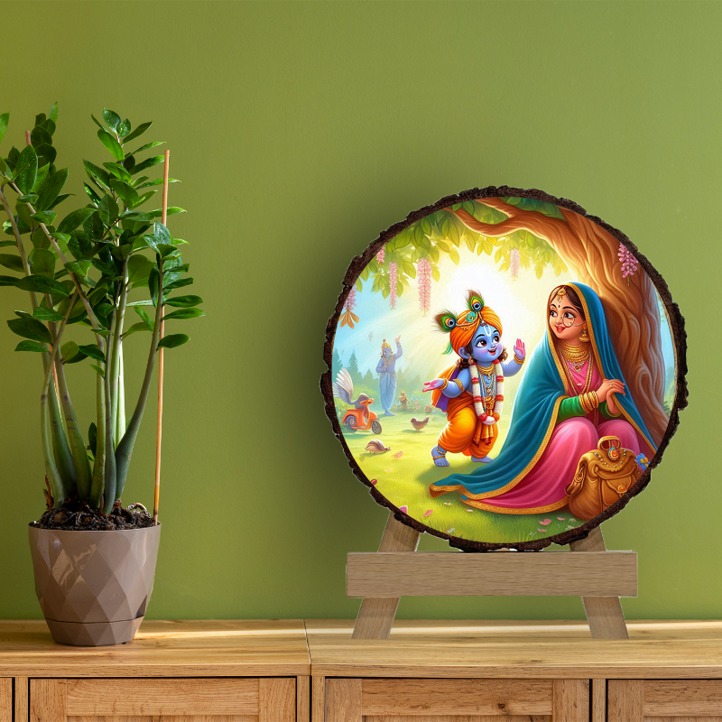 A circular natural wooden photo frame featuring an image of divine krishna, with a flute, set against a green background. The frame is on a wooden easel.