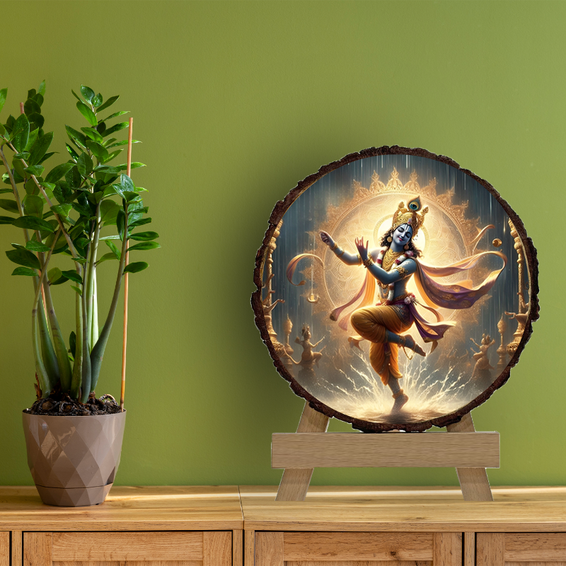A framed picture of Krishna's divine form, depicted with a serene expression, playing a flute. The picture is set in a simple wooden frame, positioned on a wooden easel, with a green background.