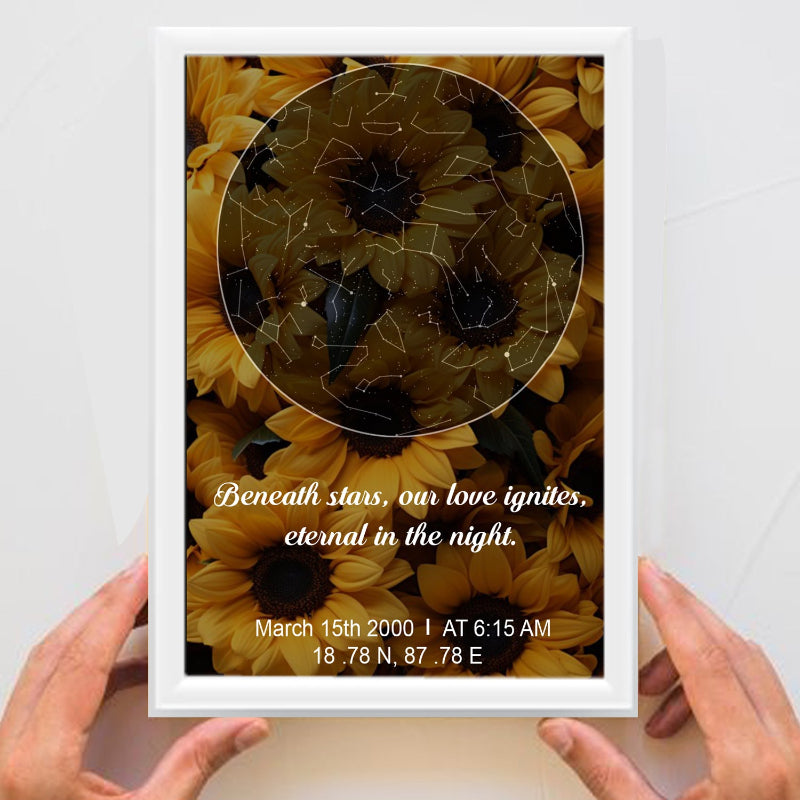 Framed sunflower print with personalized text held by hands against a white background