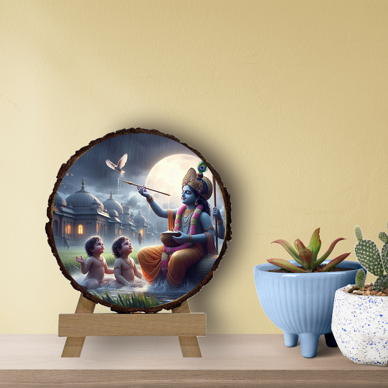 Decorative wall art with a religious scene on a wooden stand, featuring two children and a figure holding a flute.