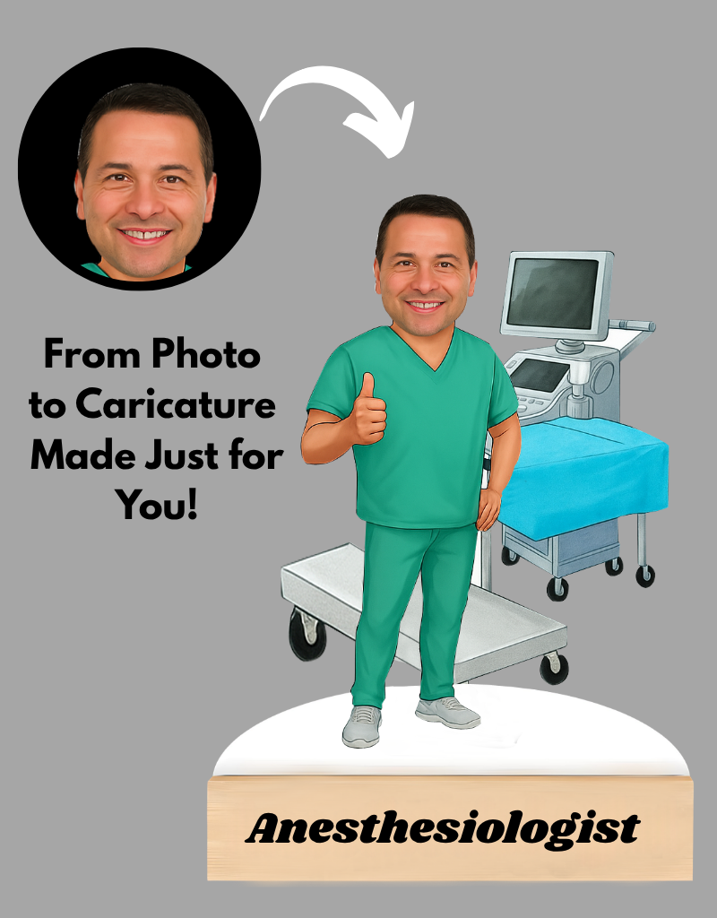 Cartoon caricature of a person in green scrubs with anesthesiologist equipment in the background, labeled 'Anesthesiologist'.