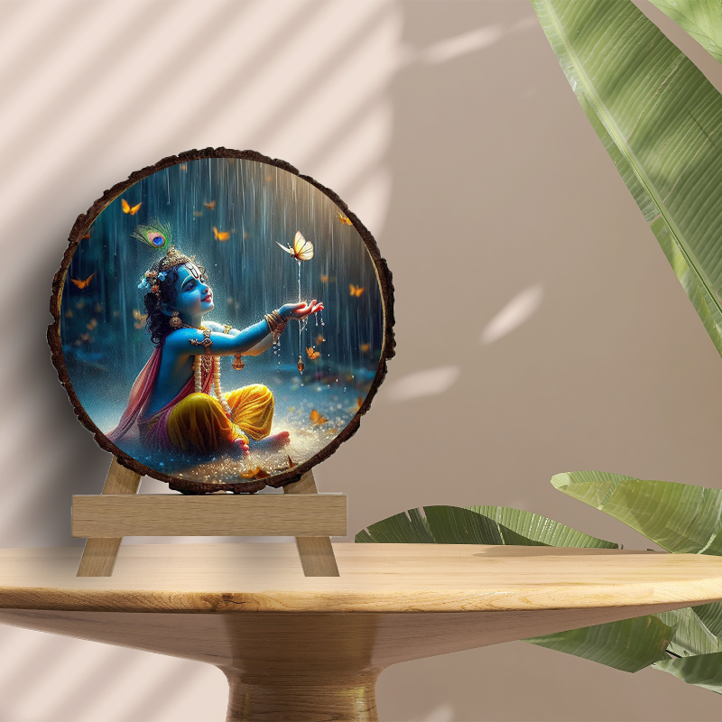 A framed artwork depicting the Hindu god Krishna dancing in the rain, with butterflies around him, set against a natural wood background.
