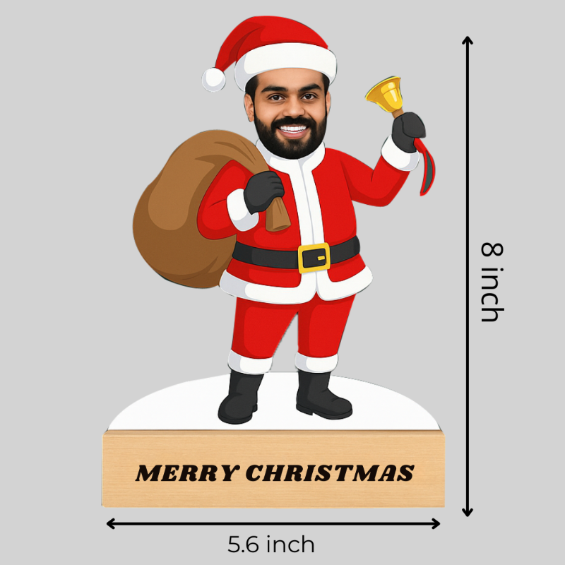 Santa Claus figurine with measurements on a gray background
