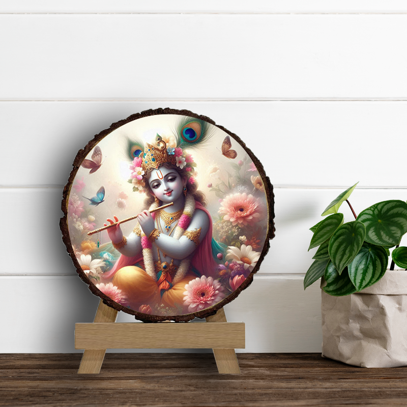 A framed artwork depicting the Hindu god Krishna, playing a musical instrument, set against a background of a polished wood slice.