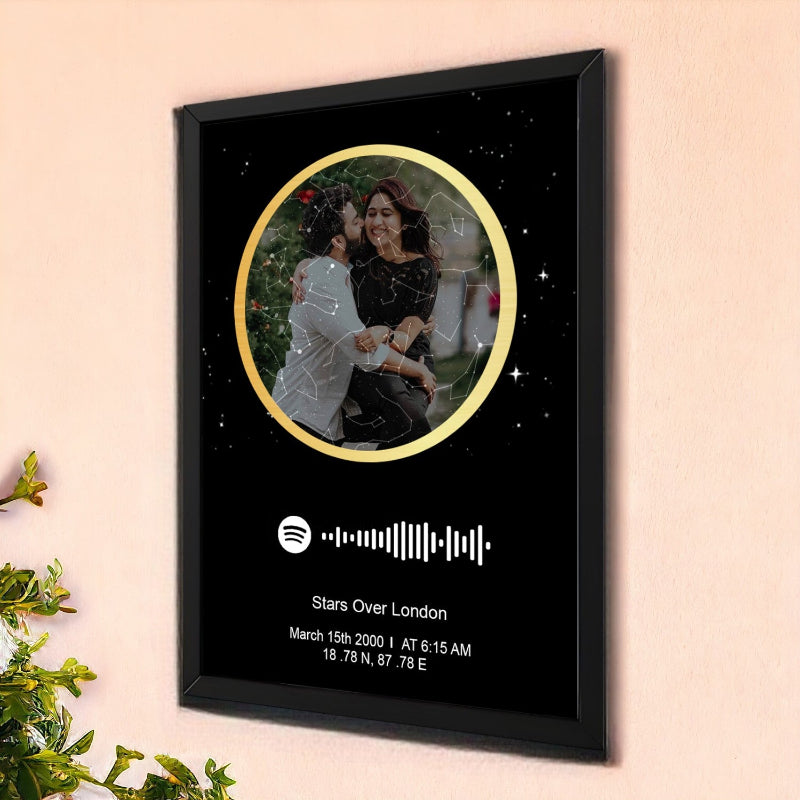 Framed artwork with a couple's photo and personalized text on a beige wall.