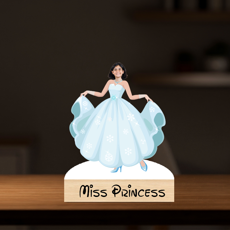 Caricature of a woman in a blue dress with 'Miss Princess' label on a wooden base