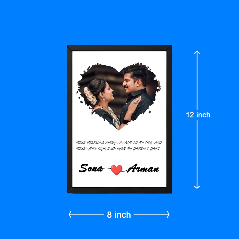 Framed portrait of a couple with personalized text on a blue background