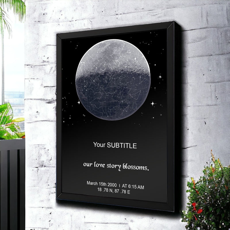 Framed artwork of a moon phase with customizable text on a brick wall.