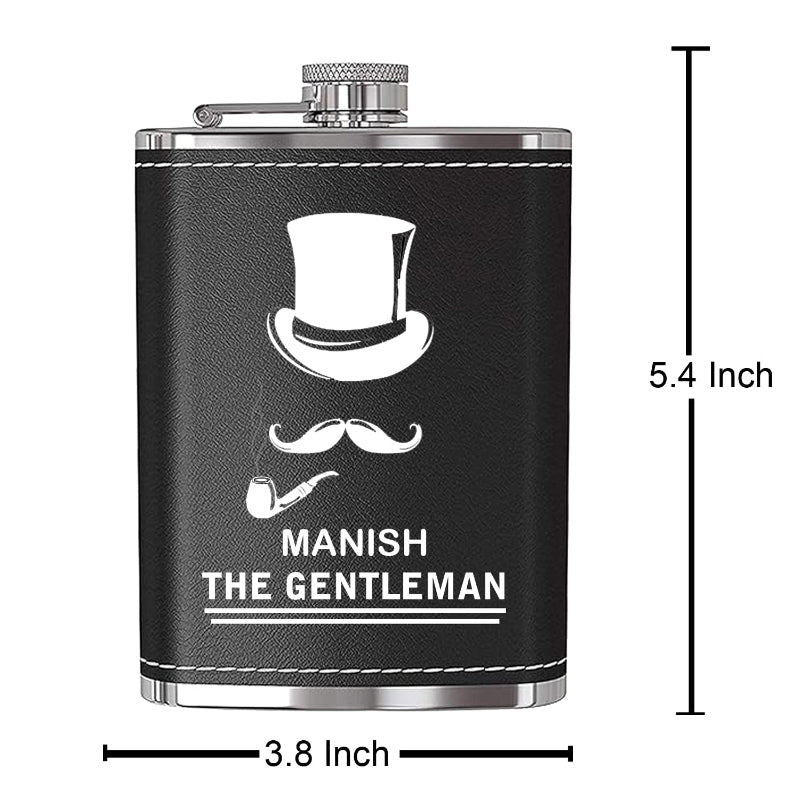 Black flask with white graphic and text 'Manish the Gentleman' on a white background