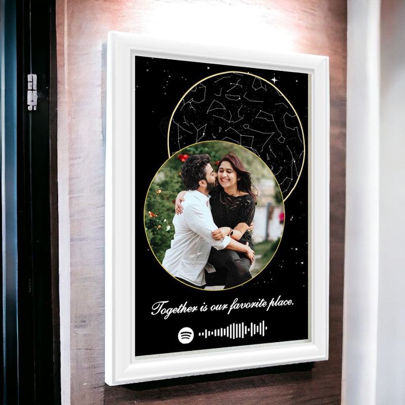 Framed artwork with a couple and 'Together is our favorite place' text on a dark background.