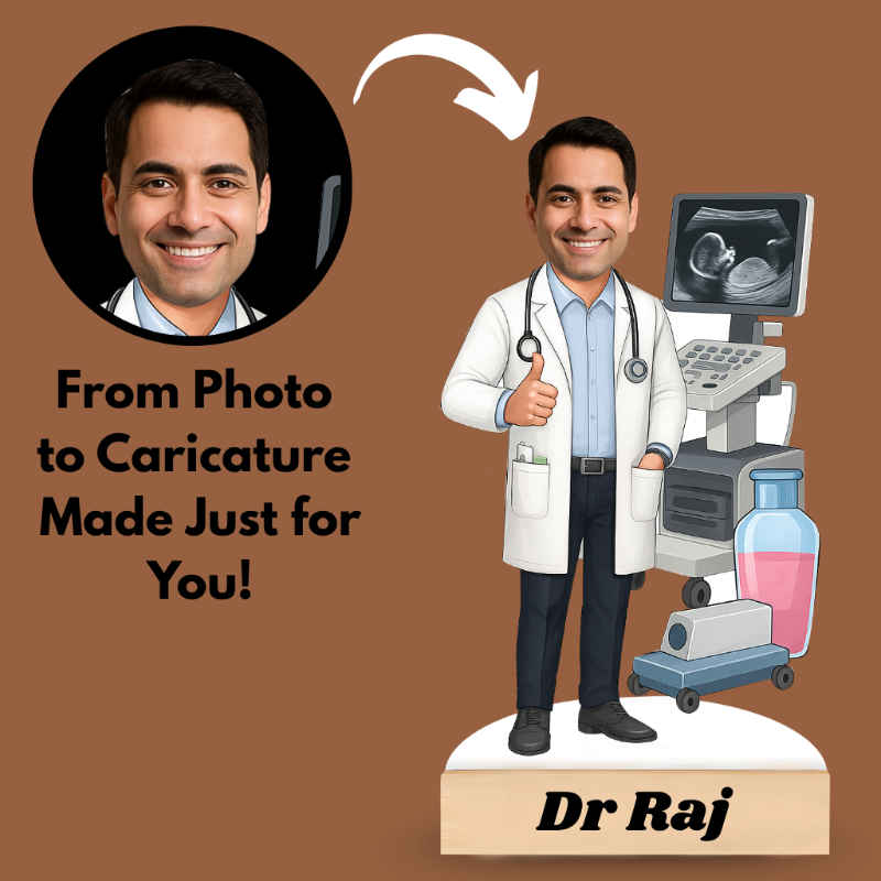 Cartoon caricature of a doctor with ultrasound machine on a brown background