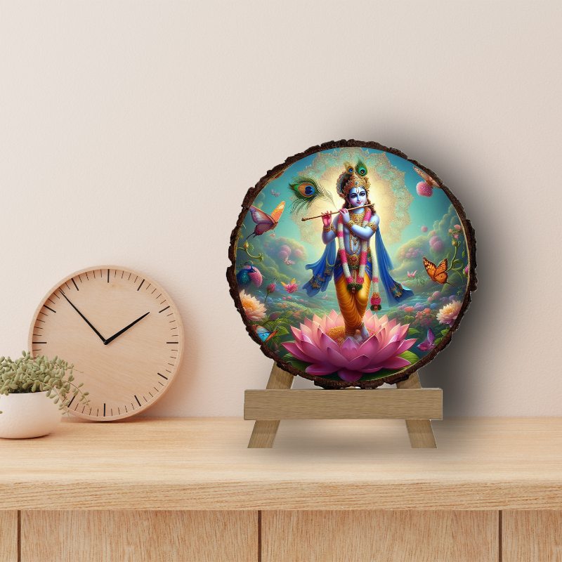 A wooden slice frame with a colorful illustration of Krishna, surrounded by a floral design, displayed on a wooden stand.