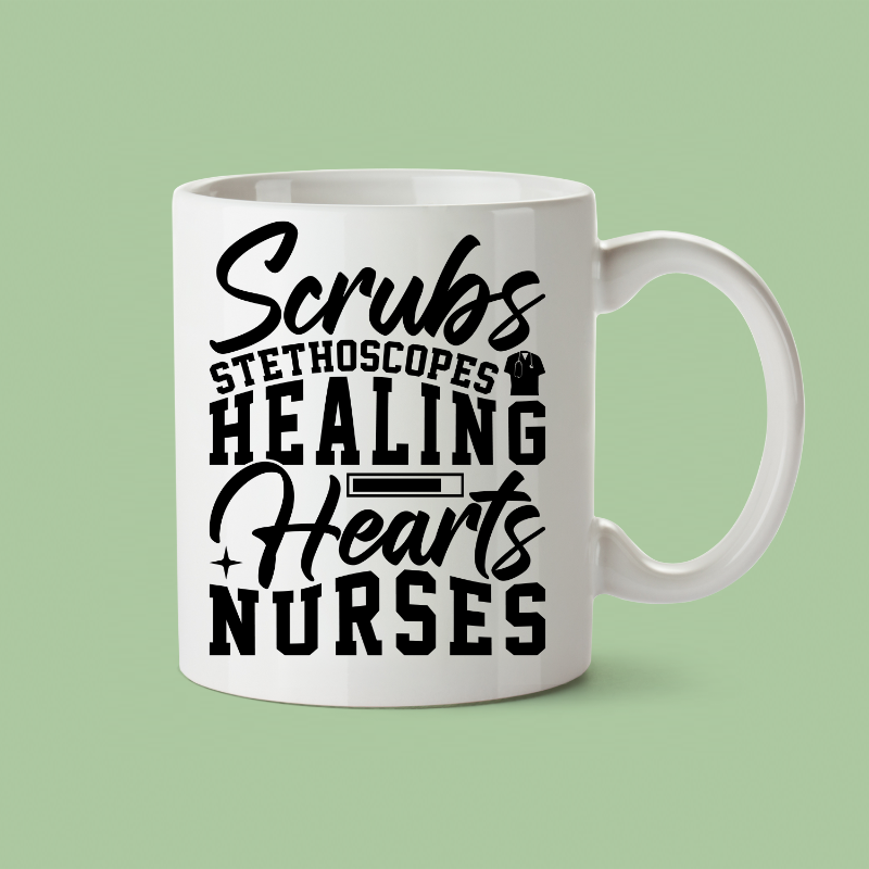 White mug with black text on a light green background