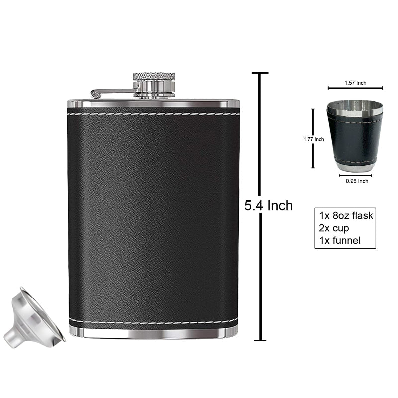 Black leather flask with silver cap and measurements on a white background