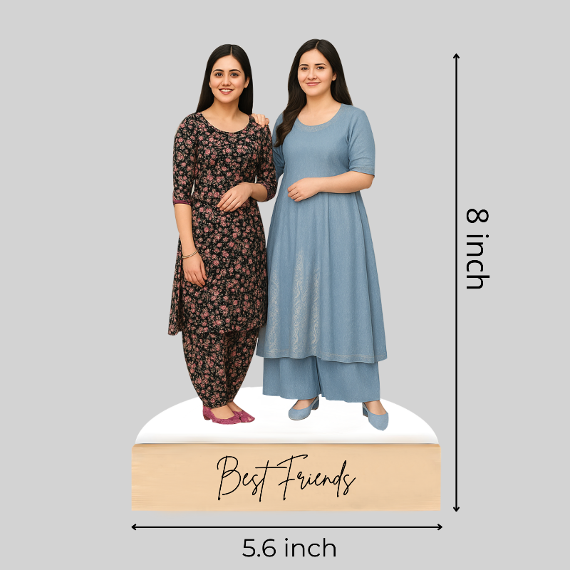 caricature of Two women wearing matching outfits with a 'Best Friends' standee and measurements on a gray background