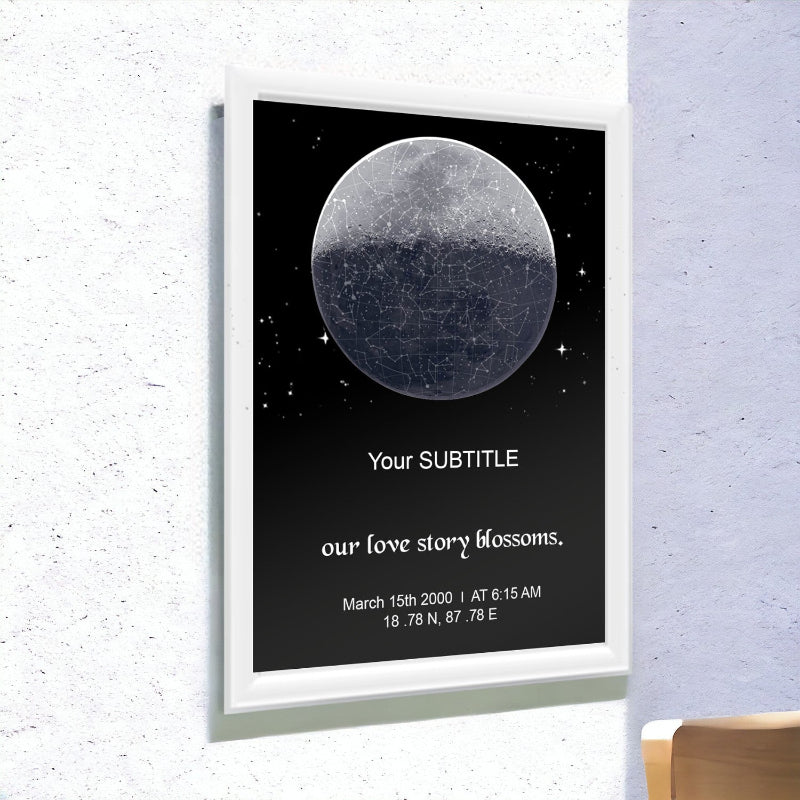 Framed poster with moon image and customizable text on a white wall.