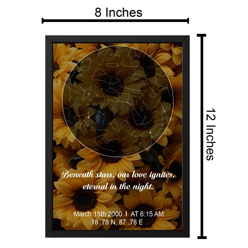 Framed sunflower artwork with measurements and text on a white background