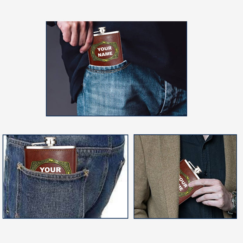 Flask with 'Your Name' label worn in a pocket