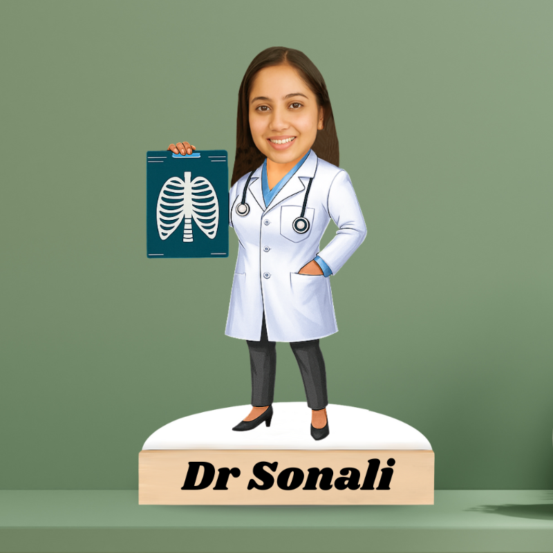 Figurine of a doctor named Dr. Sonali holding a chest X-ray on a green background