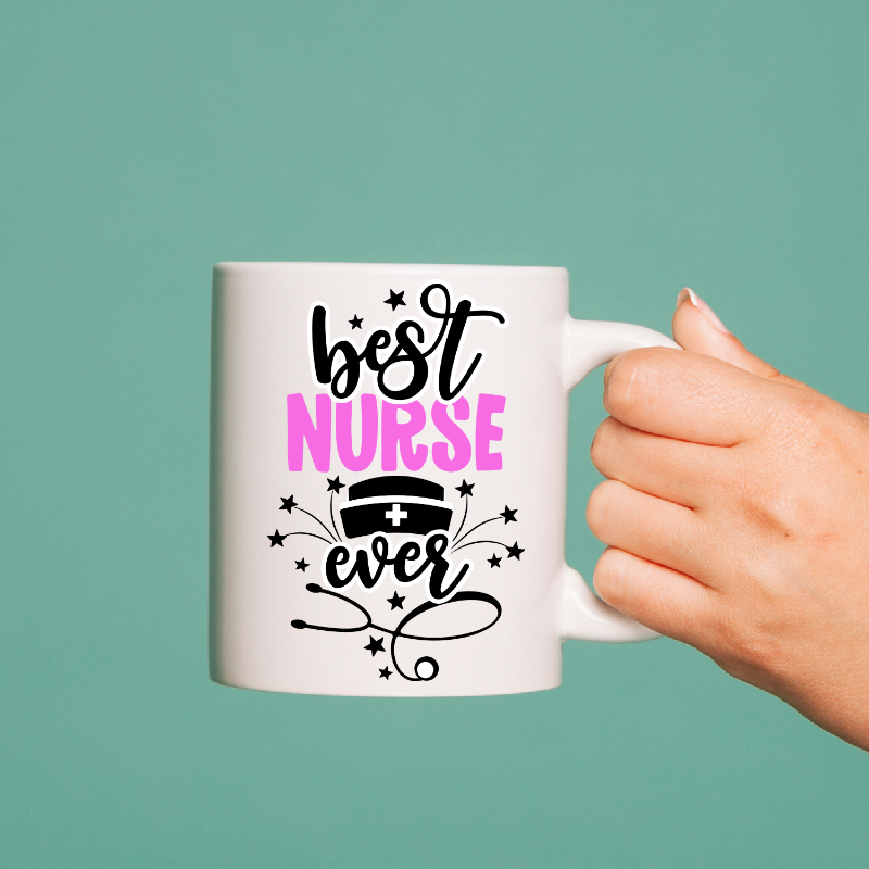 White mug with 'best nurse ever' text on a teal background