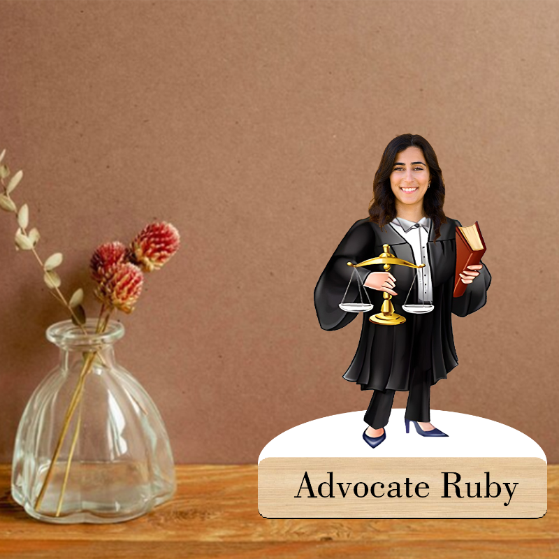 caricature of a lawyer holding a book and scales, with 'Advocate Ruby' on a wooden base, against a brown background.