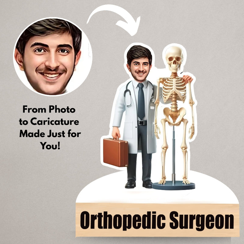 Caricature of an orthopedic surgeon with a skeleton and briefcase, featuring text 'From Photo to Caricature Made Just for You!'.