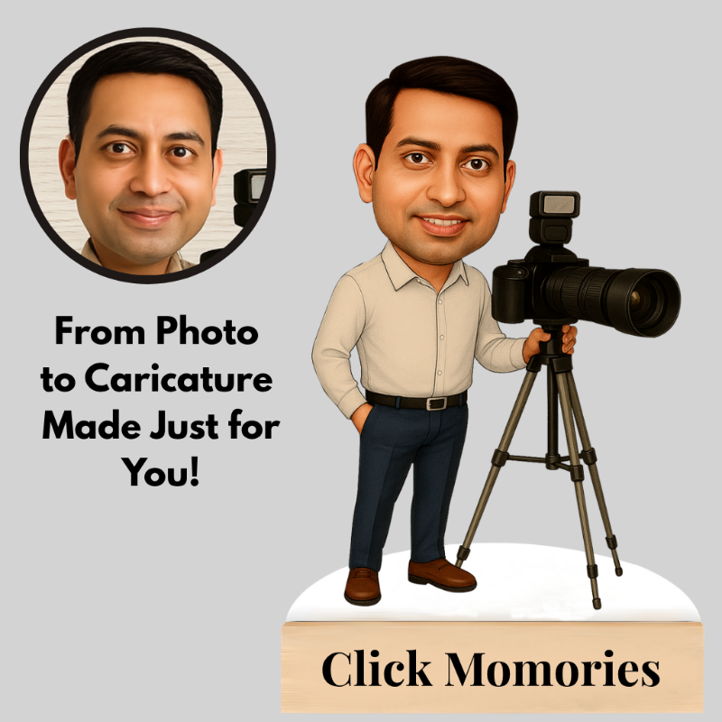 Caricature of a man holding a camera with text 'From Photo to Caricature Made Just for You! Click Momories'.