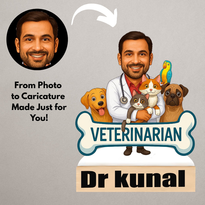 Caricature of a veterinarian with animals and text 'From Photo to Caricature Made Just for You! VETERINARIAN Dr kunal'.