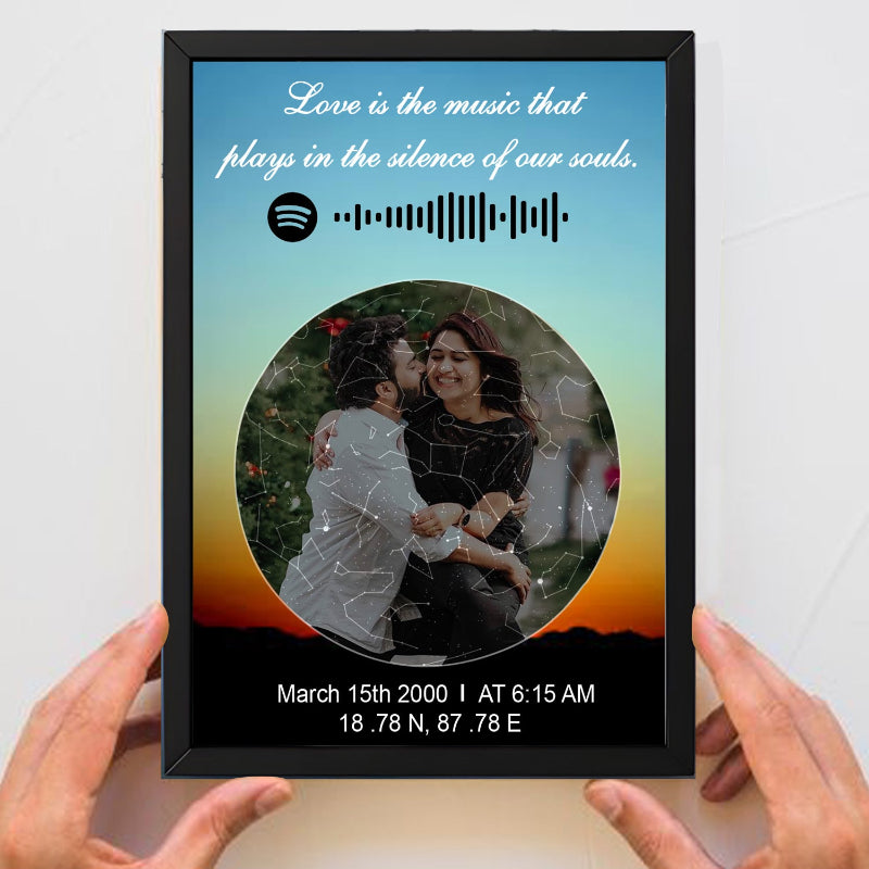 Framed photo with personalized text and a Spotify music code on a gradient background
